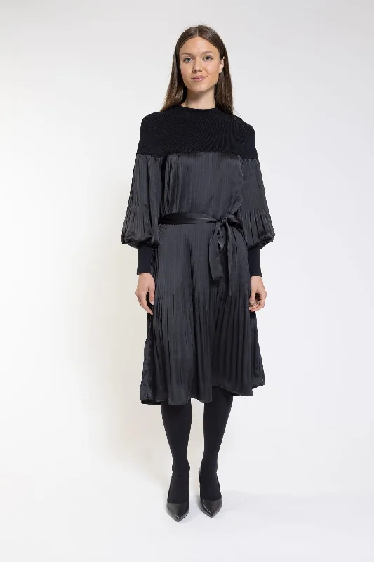 Pleated Satin Knit Detail Dress TW23120-A A-Line Day Work
