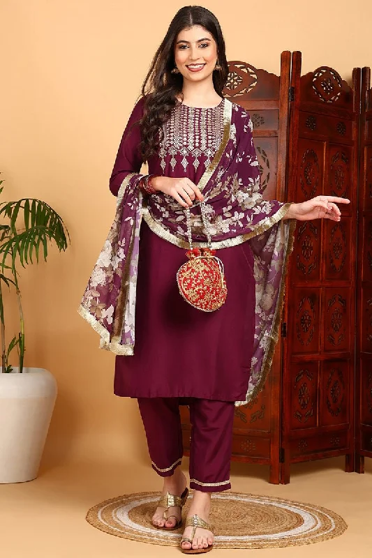 Ahika Purple Silk Blend Yoke Design Kurta Pant With Dupatta Trendy Printed Pants