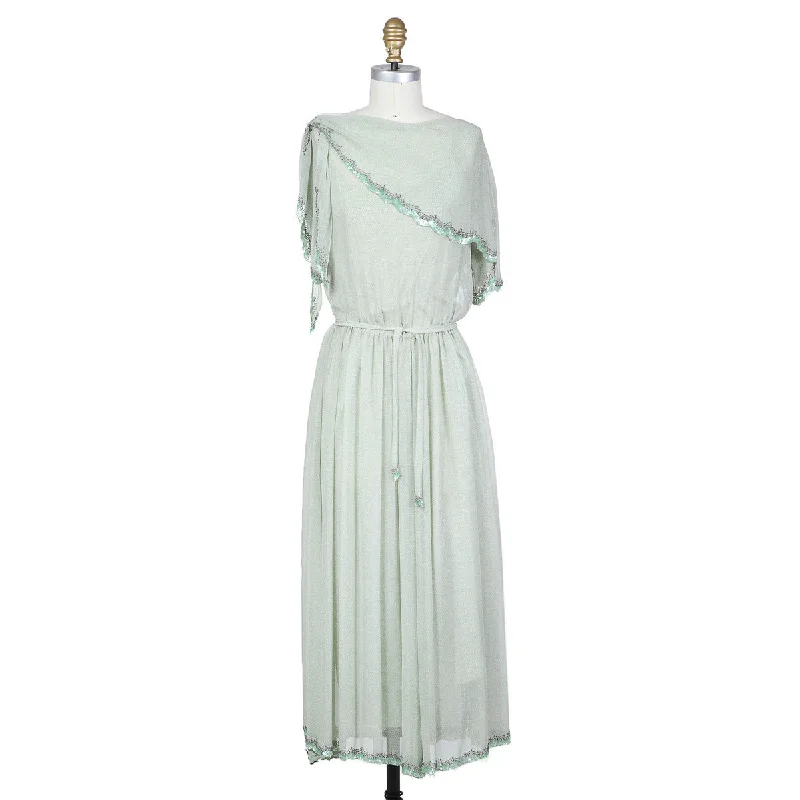 1970s Green Patterned Sequin Trim Dress Floral Print girly