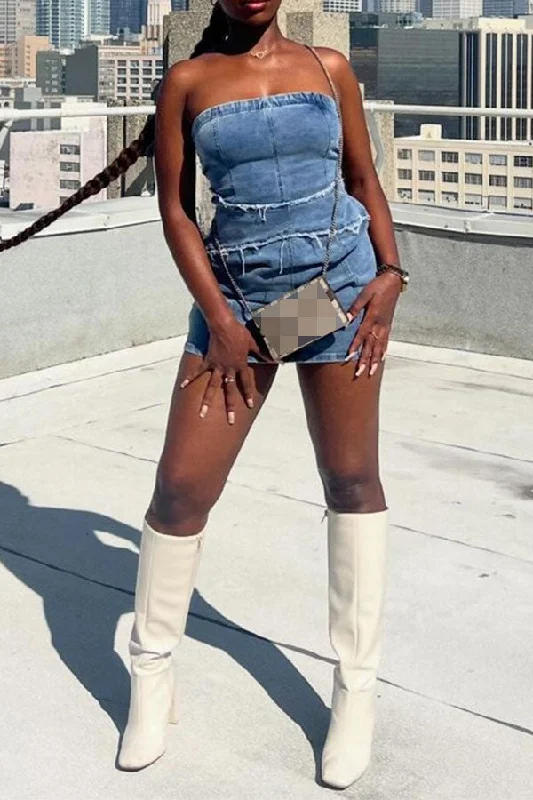 Patchwork Hot Washed Denim Mini Dress Elegant Velvet Mini Dress