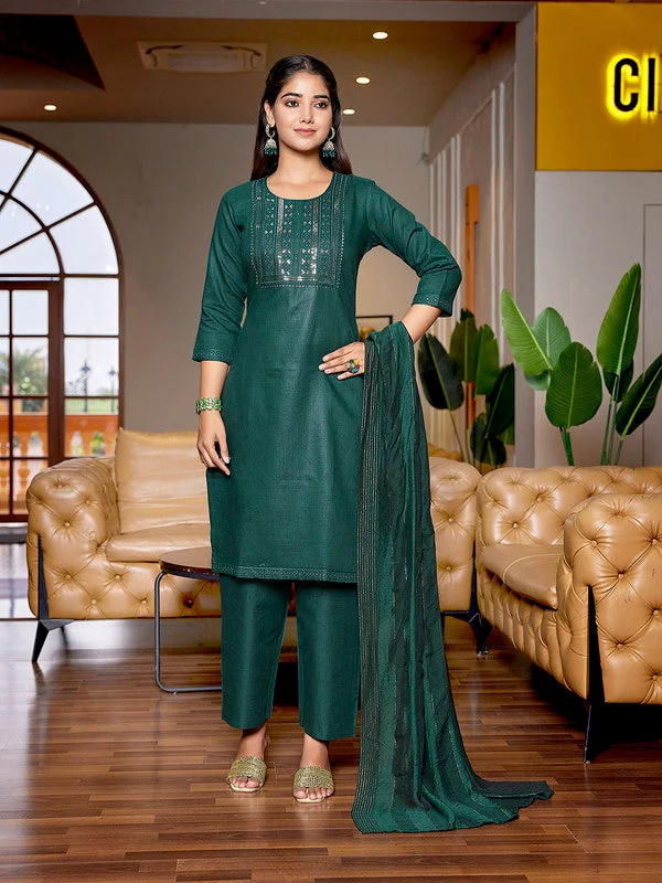 NOZ2TOZ Women's Cotton Blend Embroidered Straight Kurta Pant With Dupatta - Bottle Green Classic Straight-Leg Pants