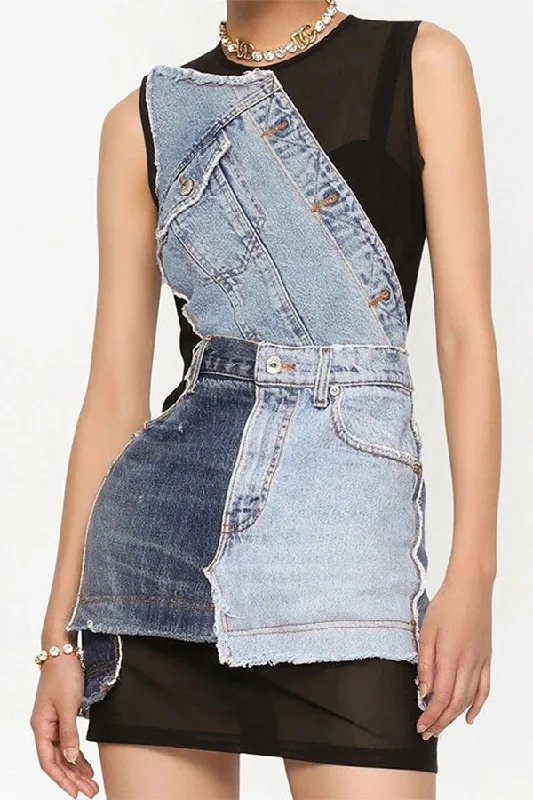 Denim Patchwork Unique Mini Dress Cozy Ruched Mini Dress