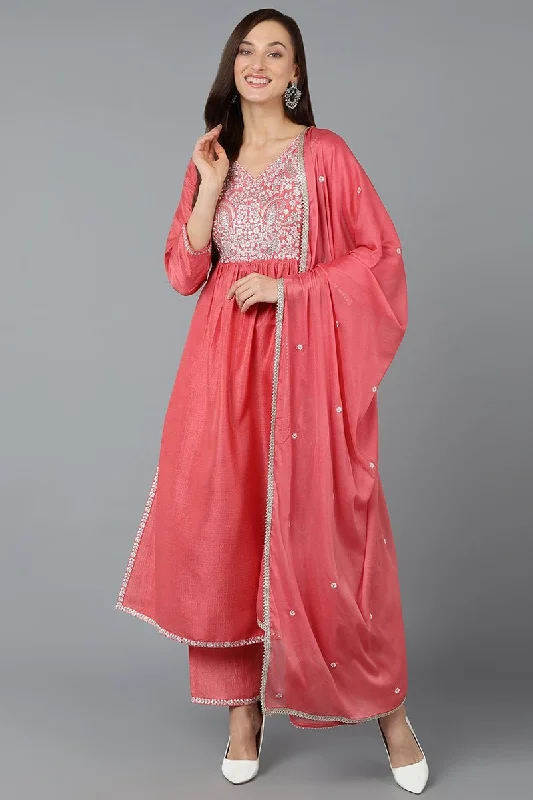 Ahika Silk Blend Blush Pink Straight Kurta Pant With Dupatta Formal Slim Pants
