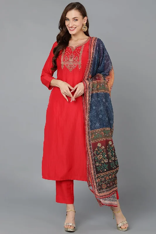 Ahika Silk Blend Red Embroidered Straight Kurta Pant With Dupatta Elegant Trouser Pants Ahika Silk Blend Red Embroidered Straight Kurta Pant With Dupatta Elegant Trouser Pants