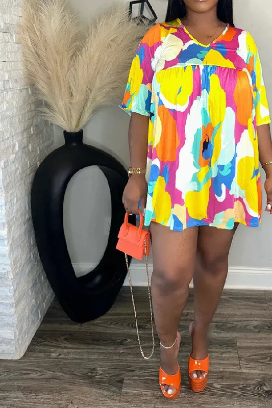 Watercolor Print Relaxed V Neck Mini Dress Classic Floral Mini Dress
