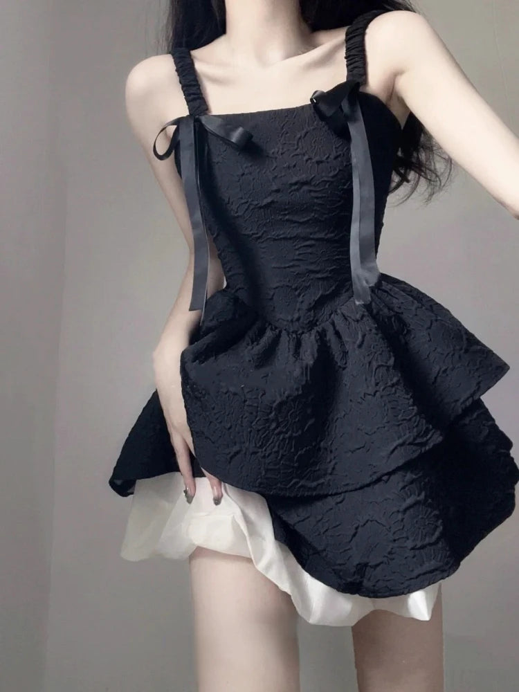 Wjczt One Piece Dress Korean Fashion Causal Y2k Party Mini Dress Office Lady Elegant Casual Black Strap Dress Women Summer chic Comfortable Ruffle Mini Dress