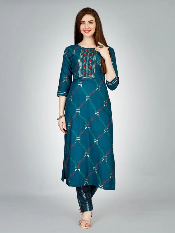 NOZ2TOZ Women Embroidered Rayon Kurta Pant Set - Dark Blue Relaxed Fit Trousers