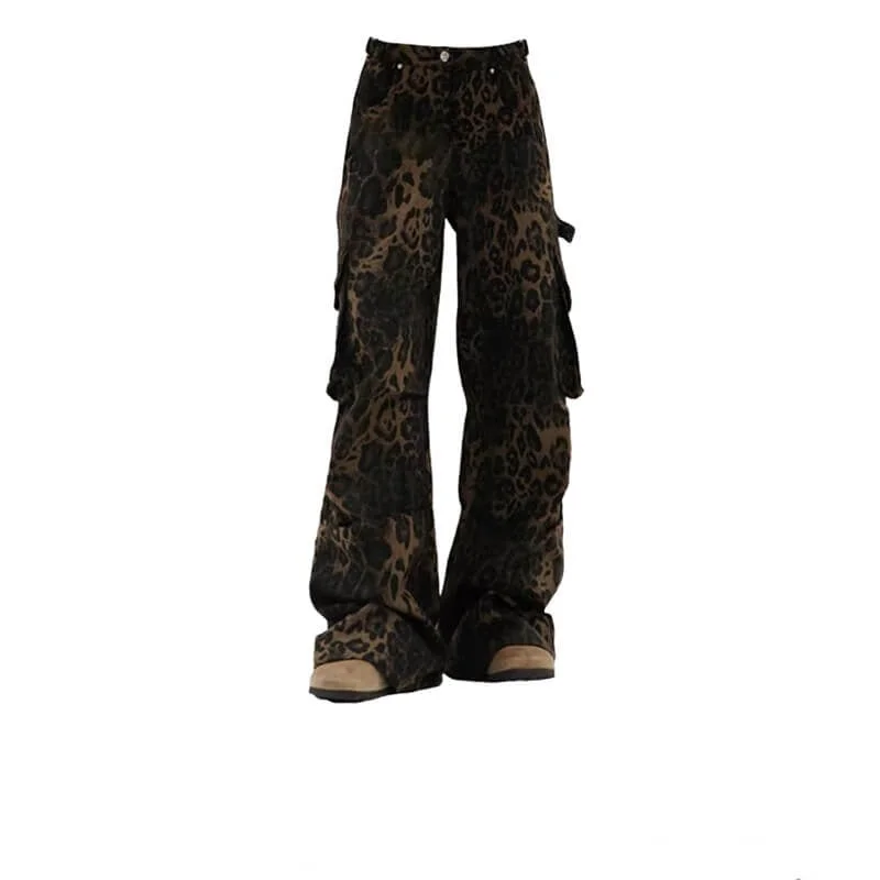 Leopard Print Grunge Aesthetic Cargo Pants Stretch Fit Pants