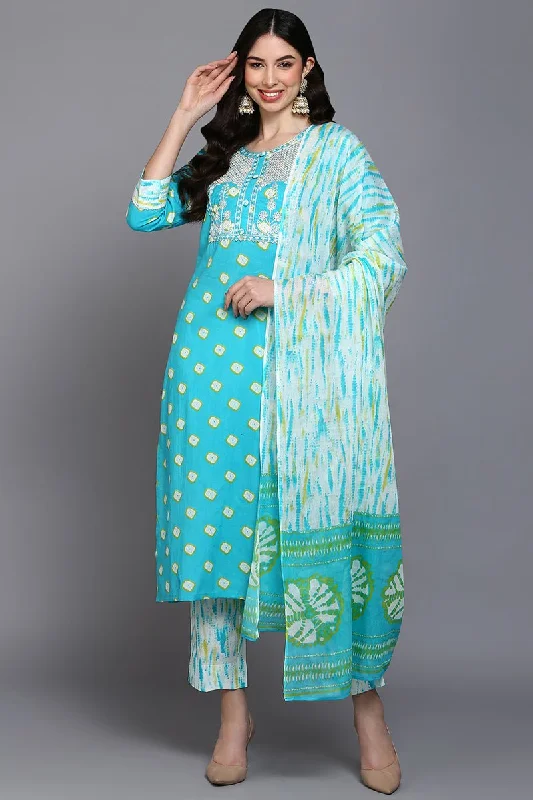 Ahika Cotton Blue Bandhani Printed Straight Kurta Pant With Dupatta Soft Stretch Pants Ahika Cotton Blue Bandhani Printed Straight Kurta Pant With Dupatta Soft Stretch Pants