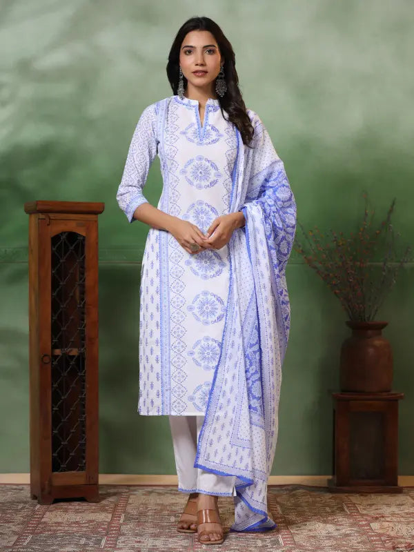 NOZ2TOZ Women's Viscose Floral Printed Straight Kurta Pant With Dupatta - White & Blue Classic Chino Pants NOZ2TOZ Women's Viscose Floral Printed Straight Kurta Pant With Dupatta - White & Blue Classic Chino Pants