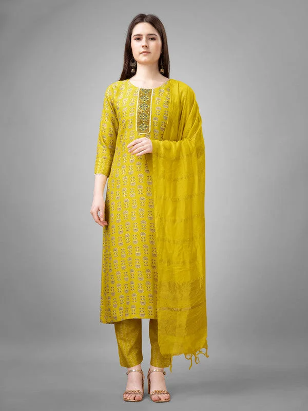 NOZ2TOZ Women Embroidered Rayon Kurta Pant Dupatta Set - Yellow Casual Wide Pants