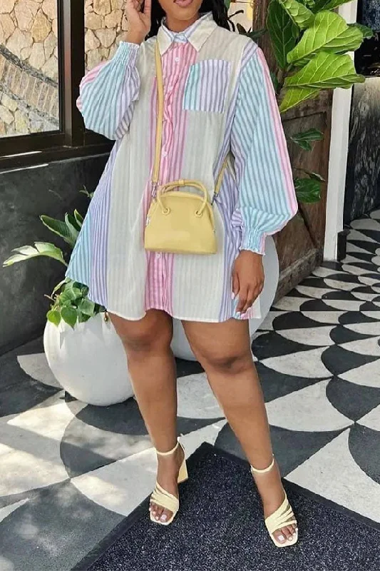 Rainbow Striped On-trend Shirt Collar Mini Dress Trendy Mini Dress with Belt