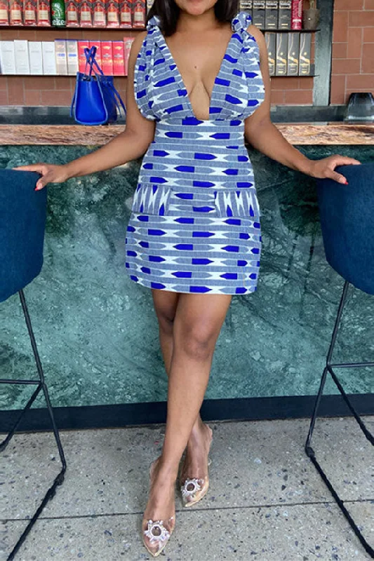 Geometric Print Stylish Knotted Shoulder Plunging Mini Dress Trendy A-Line Mini Dress Geometric Print Stylish Knotted Shoulder Plunging Mini Dress Trendy A-Line Mini Dress