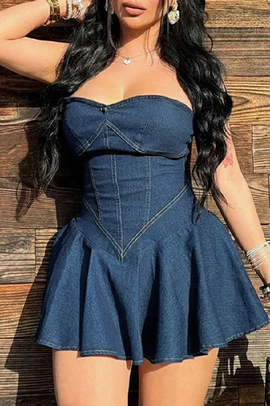 On-trend Denim Bandeau Mini Dress Casual Button-Up Mini Dress