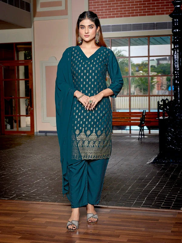NOZ2TOZ Women's Crepe Printed Straight Kurta Pant With Dupatta - Teal Green Chic Slim Fit Pants NOZ2TOZ Women's Crepe Printed Straight Kurta Pant With Dupatta - Teal Green Chic Slim Fit Pants