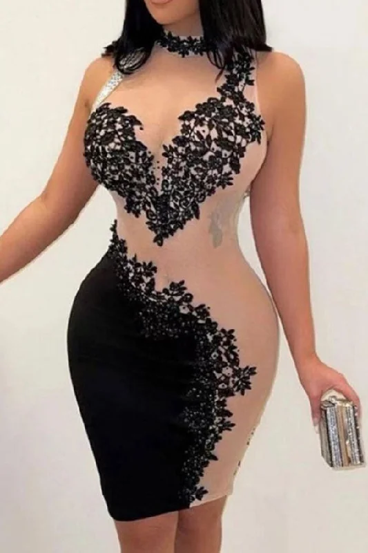 Lace Patchwork Flirty See-Through Mini Dress Fashionable Boho-Chic Mini Dress