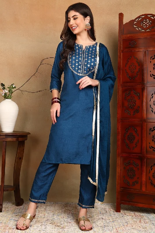 Ahika Silk Blend Blue Embroidered Straight Kurta Pant With Dupatta Classic Straight-Leg Pants