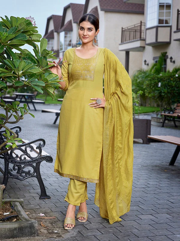 NOZ2TOZ Women's Cotton Blend Solid Straight Kurta Pant With Dupatta - Yellow Trendy Palazzo Pants NOZ2TOZ Women's Cotton Blend Solid Straight Kurta Pant With Dupatta - Yellow Trendy Palazzo Pants