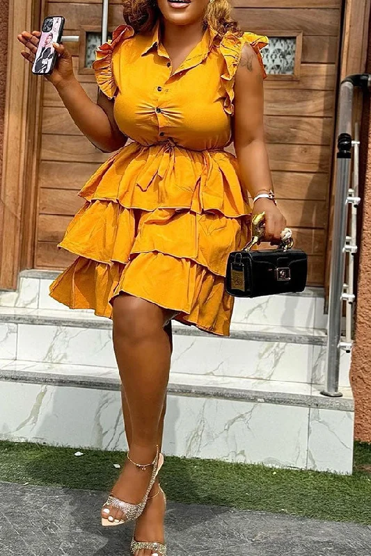 Solid Color Sweet Lace-Up Ruffles Tiered Mini Dress Stylish Short-Sleeve Mini Dress