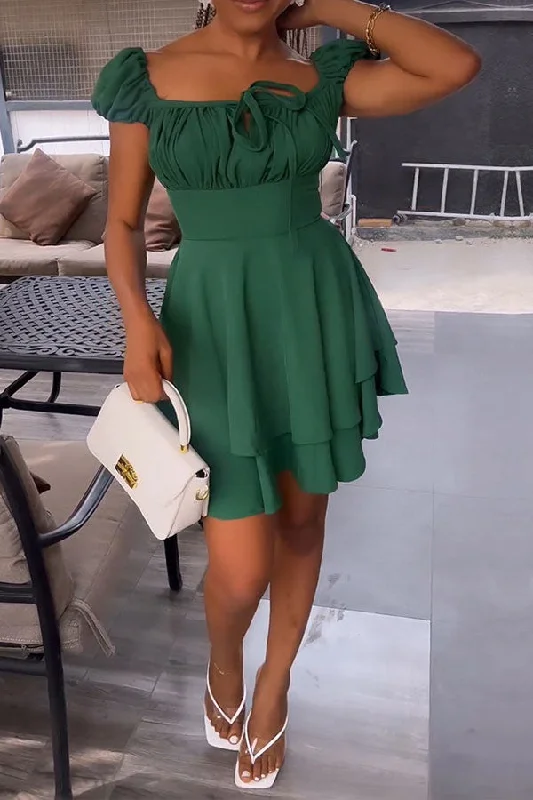 Solid Color Urban Layered Pleated Mini Dress Elegant Silk Mini Dress
