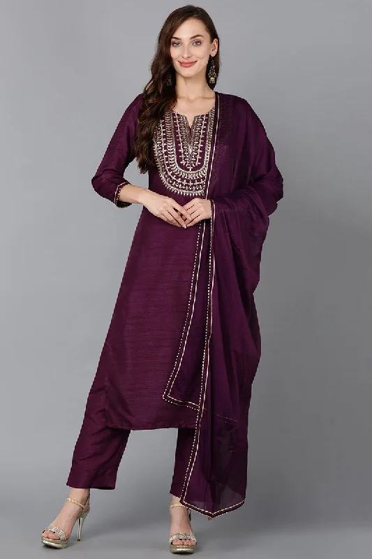 Ahika Silk Blend Purple Embroidered Straight Kurta Pant With Dupatta Classic Bootcut Trousers Ahika Silk Blend Purple Embroidered Straight Kurta Pant With Dupatta Classic Bootcut Trousers