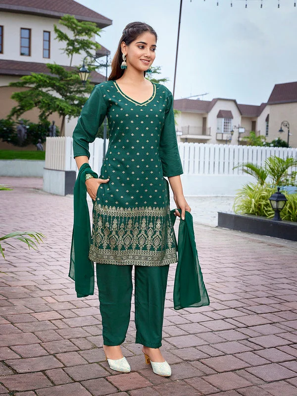 NOZ2TOZ Women's Crepe Printed Straight Kurta Pant With Dupatta - Bottle Green Comfy Zip-Up Pants NOZ2TOZ Women's Crepe Printed Straight Kurta Pant With Dupatta - Bottle Green Comfy Zip-Up Pants