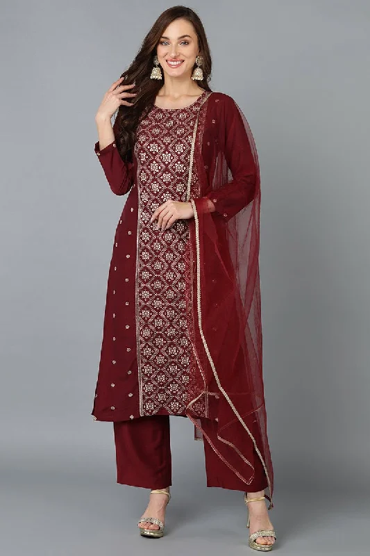 Ahika Silk Blend Maroon Embroidered Straight Kurta Pant With Dupatta Formal Stretch Pants Ahika Silk Blend Maroon Embroidered Straight Kurta Pant With Dupatta Formal Stretch Pants