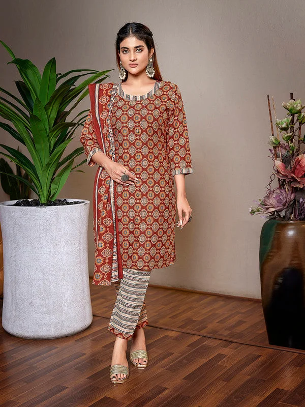 NOZ2TOZ Women's Cotton Blend Printed Straight Kurta Pant With Dupatta - Brown Comfortable Cargo Pants NOZ2TOZ Women's Cotton Blend Printed Straight Kurta Pant With Dupatta - Brown Comfortable Cargo Pants