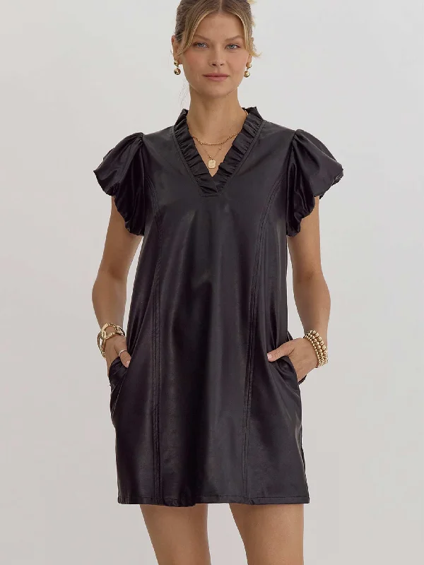 Black Faux Leather Ruffle Dress Boatneck Modish Everyday