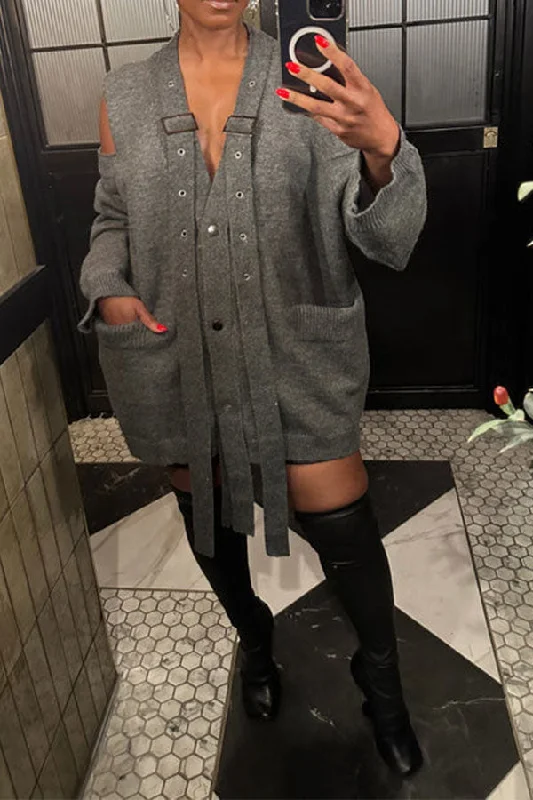 Solid Color Smart Single Breasted Cold Shoulder Mini Dress Cozy Satin Mini Dress