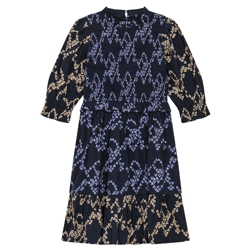 P4302-PRINTED SMOCKED DRESS-NAVY Tunics Floral girly