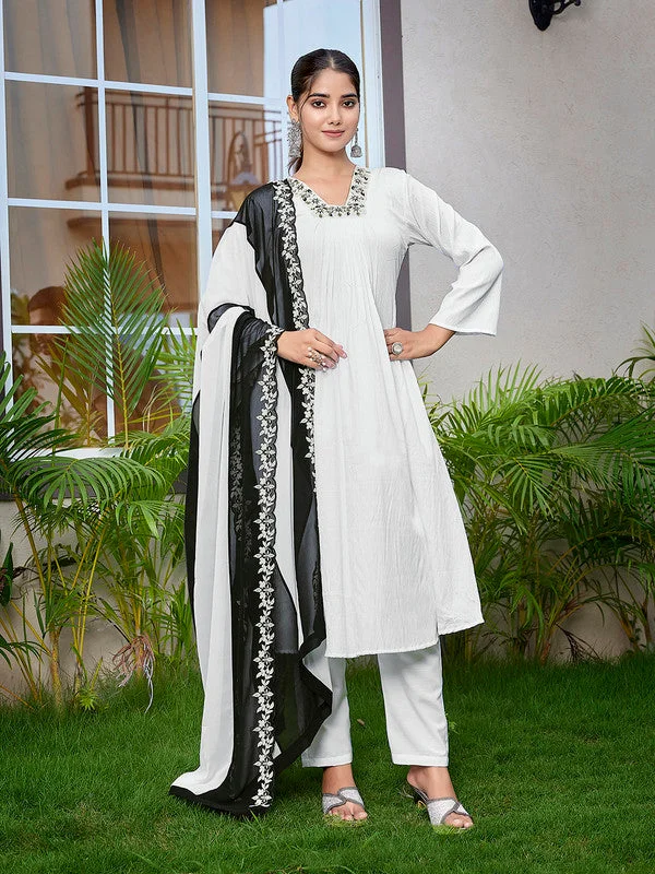 NOZ2TOZ Women's Viscose Solid Flared Kurta Pant With Dupatta - White Comfortable Denim Trousers NOZ2TOZ Women's Viscose Solid Flared Kurta Pant With Dupatta - White Comfortable Denim Trousers