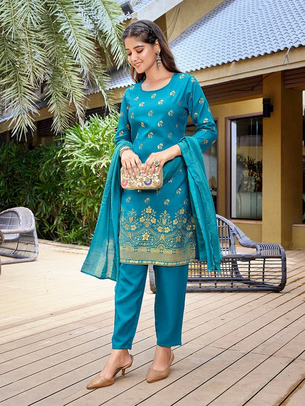 NOZ2TOZ Women's Crepe Foil Printed Straight Kurta Pant With Dupatta - Turquoise Blue Trendy Printed Leggings NOZ2TOZ Women's Crepe Foil Printed Straight Kurta Pant With Dupatta - Turquoise Blue Trendy Printed Leggings