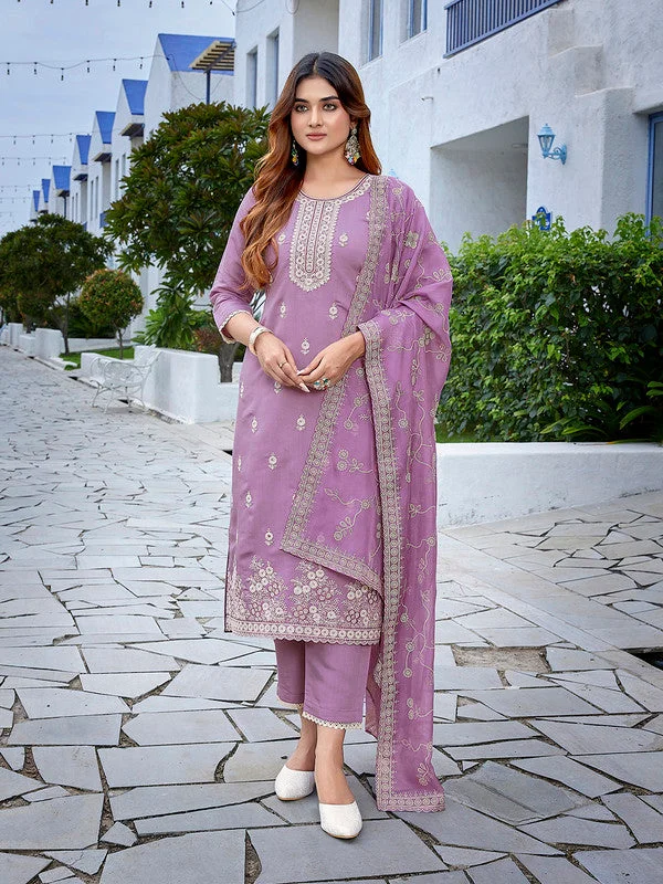 NOZ2TOZ Women's Chanderi Embroidered Straight Kurta Pant With Dupatta - Purple Slim-Fit Khaki Pants NOZ2TOZ Women's Chanderi Embroidered Straight Kurta Pant With Dupatta - Purple Slim-Fit Khaki Pants