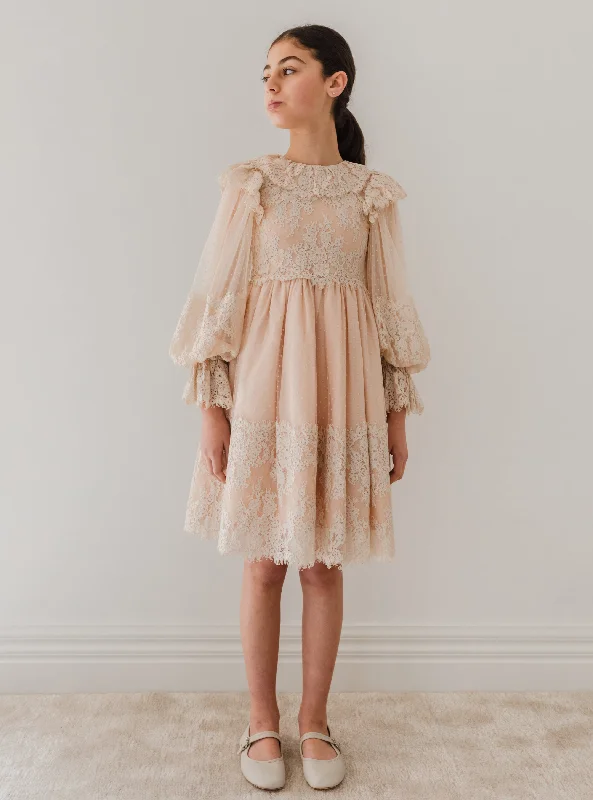 1208-lace applique tulle babydoll dress-Cream Tunics Luxurious premium