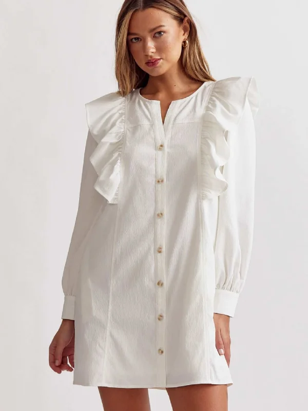 White Ruffle Shoulder Button Up Dress Casual Short Summer