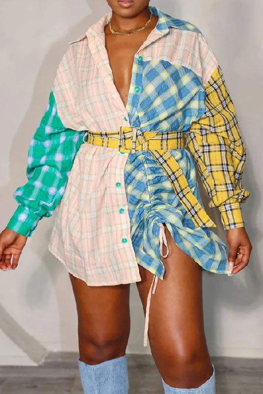 Plaid Classic Drawstring Belted Mini Dress Stylish Button-Down Mini Dress