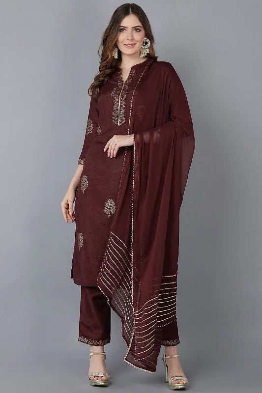 Ahika Maroon Poly Silk Straight Kurta Pant With Dupatta Set Comfortable Denim Leggings