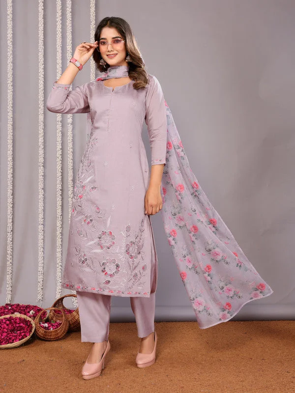NOZ2TOZ Women's Embroidered Straight Kurta Pant With Dupatta - Lavender Trendy High-Waist Trousers NOZ2TOZ Women's Embroidered Straight Kurta Pant With Dupatta - Lavender Trendy High-Waist Trousers