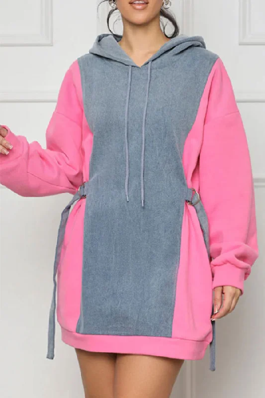 Color Block Patchwork Casual Hooded Mini Dress Comfortable Smocked Mini Dress