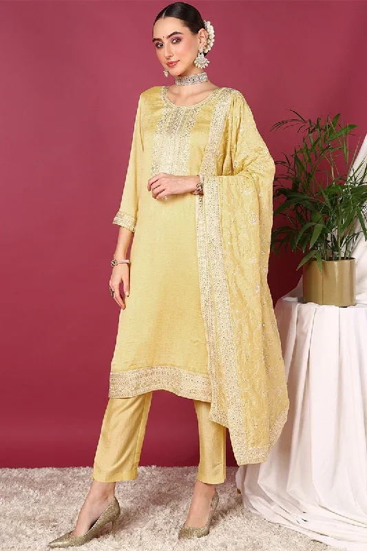 Ahika Yellow Silk Blend Straight Kurta Pant With Dupatta Fashionable Work Pants