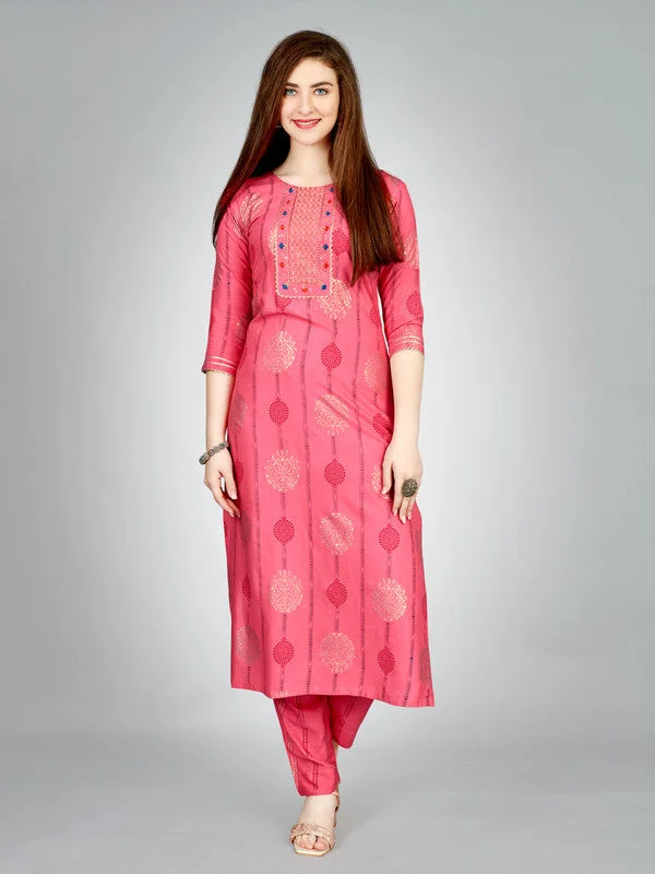 NOZ2TOZ Women Embroidered Rayon Kurta Pant Set - Pink Elegant Silk Pants