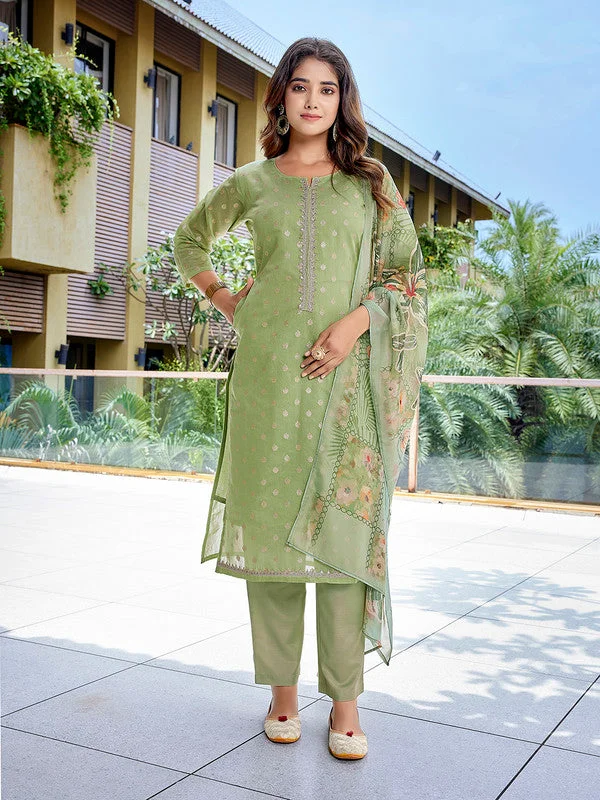 NOZ2TOZ Women's Chanderi Woven Straight Kurta Pant With Dupatta - Mehndi Green Relaxed Lounge Trousers NOZ2TOZ Women's Chanderi Woven Straight Kurta Pant With Dupatta - Mehndi Green Relaxed Lounge Trousers
