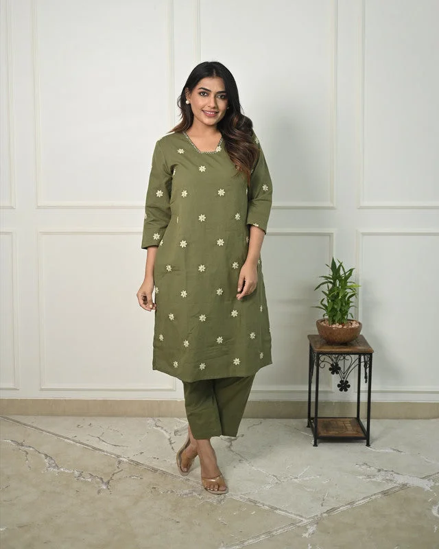 NOZ2TOZ Women's Cotton Floral Embroidered Straight Kurta Set With Pant - Mehndi Green Comfy High-Waist Jeans NOZ2TOZ Women's Cotton Floral Embroidered Straight Kurta Set With Pant - Mehndi Green Comfy High-Waist Jeans