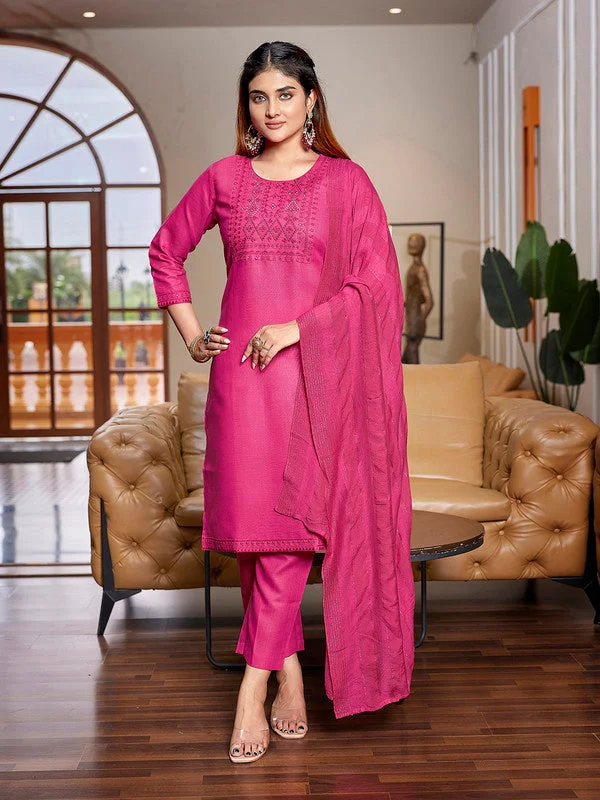 NOZ2TOZ Women's Cotton Blend Embroidered Straight Kurta Pant With Dupatta - Pink Casual Drawstring Pants NOZ2TOZ Women's Cotton Blend Embroidered Straight Kurta Pant With Dupatta - Pink Casual Drawstring Pants