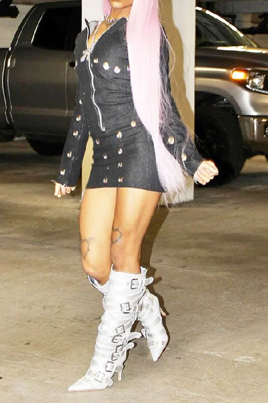Solid Color Denim Punk Eyelets Decor Mini Dress Fashionable Polka Dot Mini Dress