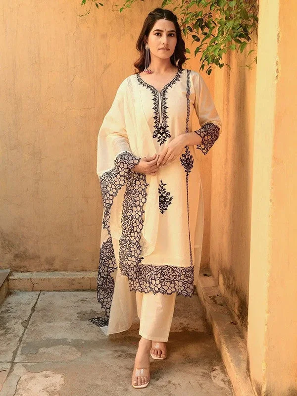 NOZ2TOZ Women's Viscose Embroidered Straight Kurta Pant With Dupatta - White Stretch Fit Pants