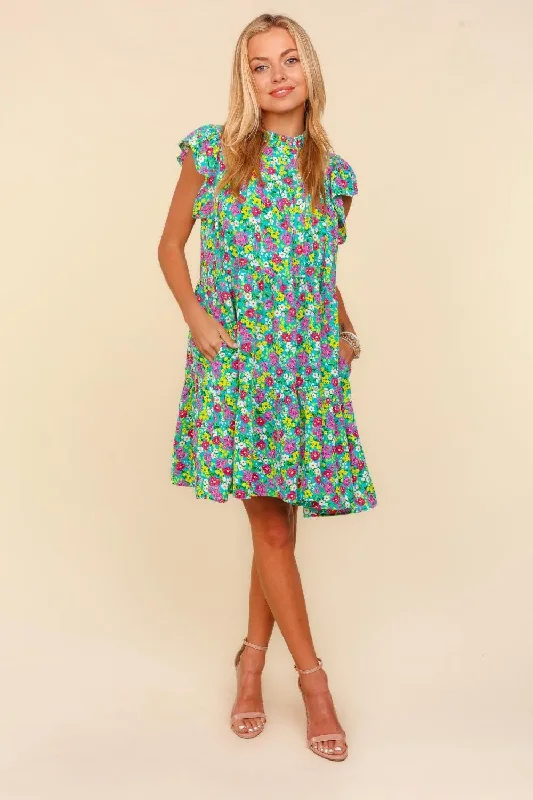 Blue Zone Planet |  Haptics Frilled Mock Neck Ditsy Floral Dress Halter Neckline Beach