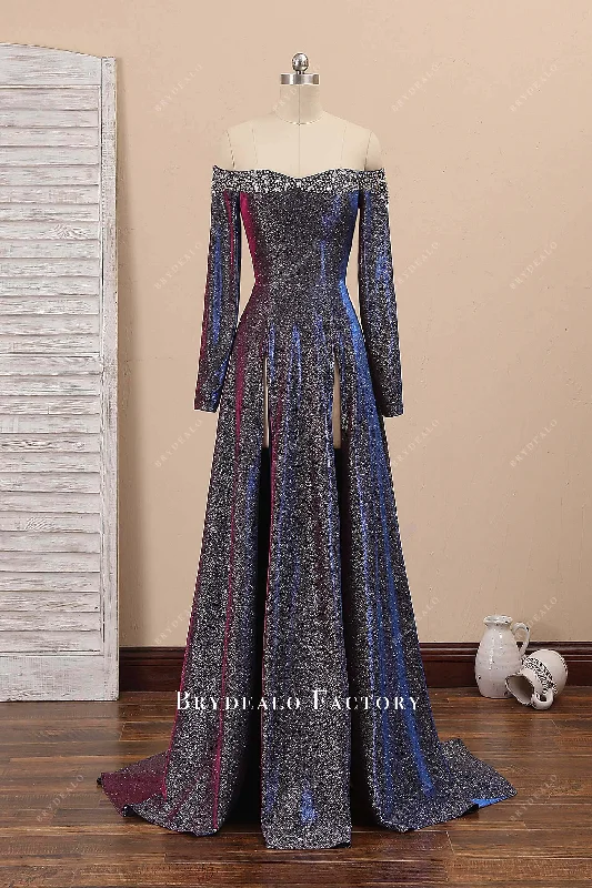 Unique Iridescent Fuchsia Glitter Off-shoulder Sexy Slit Prom Dress Tunics Luxurious high-end Unique Iridescent Fuchsia Glitter Off-shoulder Sexy Slit Prom Dress Tunics Luxurious high-end