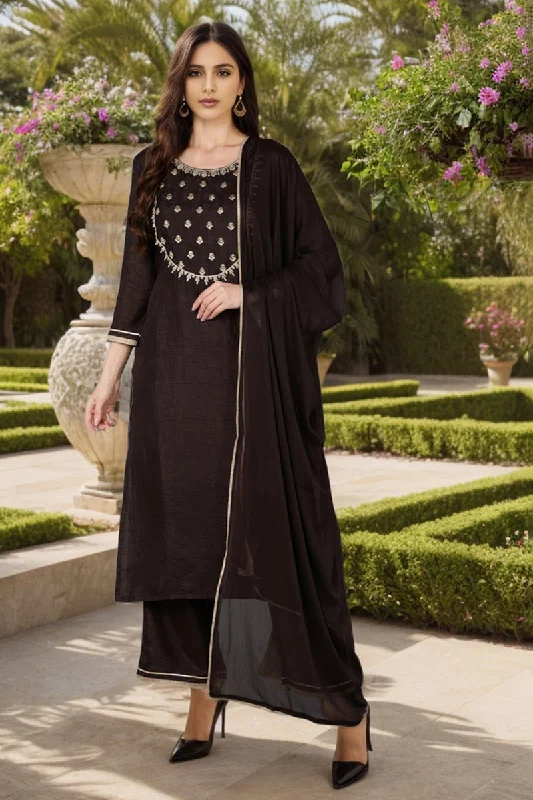 Ahika Silk Blend Black Embroidered Straight Kurta Pant With Dupatta Trendy High-Waist Trousers Ahika Silk Blend Black Embroidered Straight Kurta Pant With Dupatta Trendy High-Waist Trousers